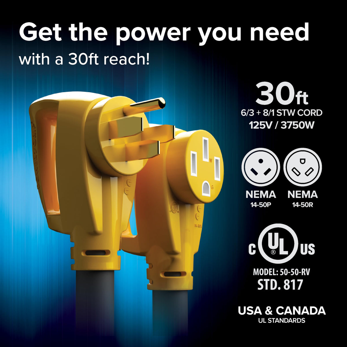 CAMCO 55195 Camco Power Grip 30-Ft 50-Amp RV Extension Cord -Rated for 125/250V/12,500W