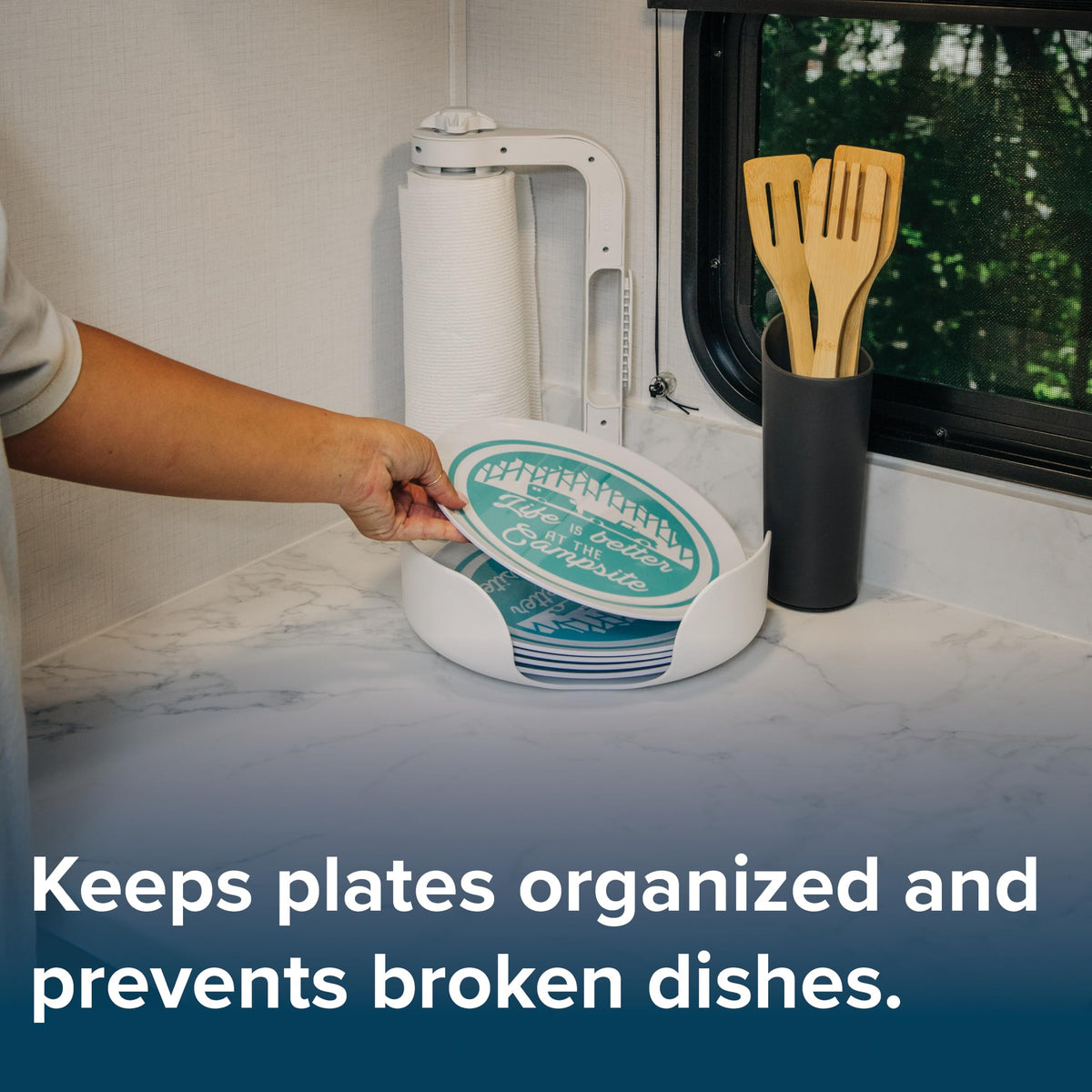CAMCO 43601 Camco Stack-A-Plate Holder | 2 Different Sizes of Plate Holders | One Plate Holder Fits Plates Up to 7.25” & Other Dish Holder Fits Plates Up to 10.25” | Great for Travel, RV Storage & More (43601)