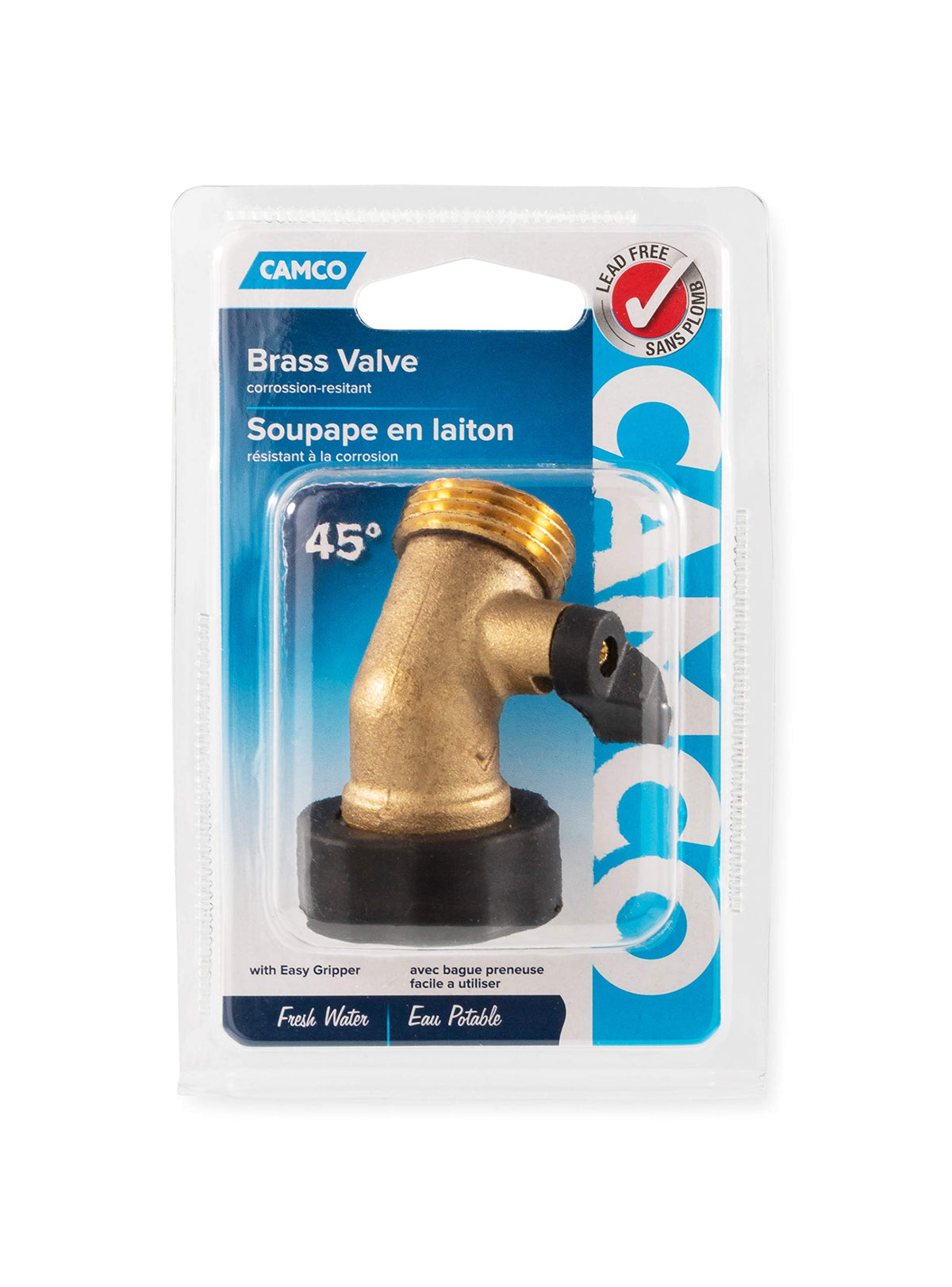 CAMCO 20173 Camco Solid Brass 45 Degree Drinking Water Valve with Garden Hose Connections (20173)