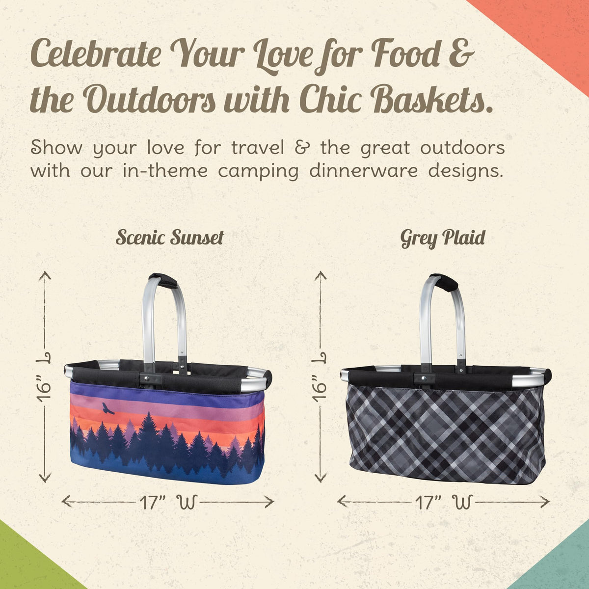 CAMP CASUAL CC-010SSB Picnic Basket for Camping - Collapsable Picnic Basket for Picnics, Grocery, & Festivals - Sturdy Food Picnic Basket with Zipper Pocket & Built-in Clip - 16” x 17” Scenic Sunset Basket, Camp Casual