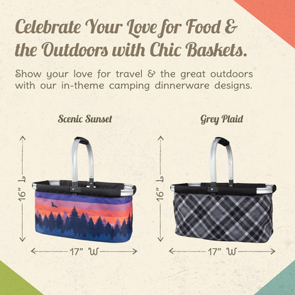 CAMP CASUAL CC-010SSB Picnic Basket for Camping - Collapsable Picnic Basket for Picnics, Grocery, & Festivals - Sturdy Food Picnic Basket with Zipper Pocket & Built-in Clip - 16” x 17” Scenic Sunset Basket, Camp Casual