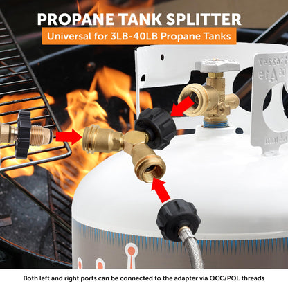 FLAME KING AB225 Flame King Propane Tank Y Splitter Adapter with Valves, 2-Way LP Gas Connector for 20lb Propane Tank Cylinders, Works with BBQ Grills, Camping Stoves, Gas Burners, Heaters