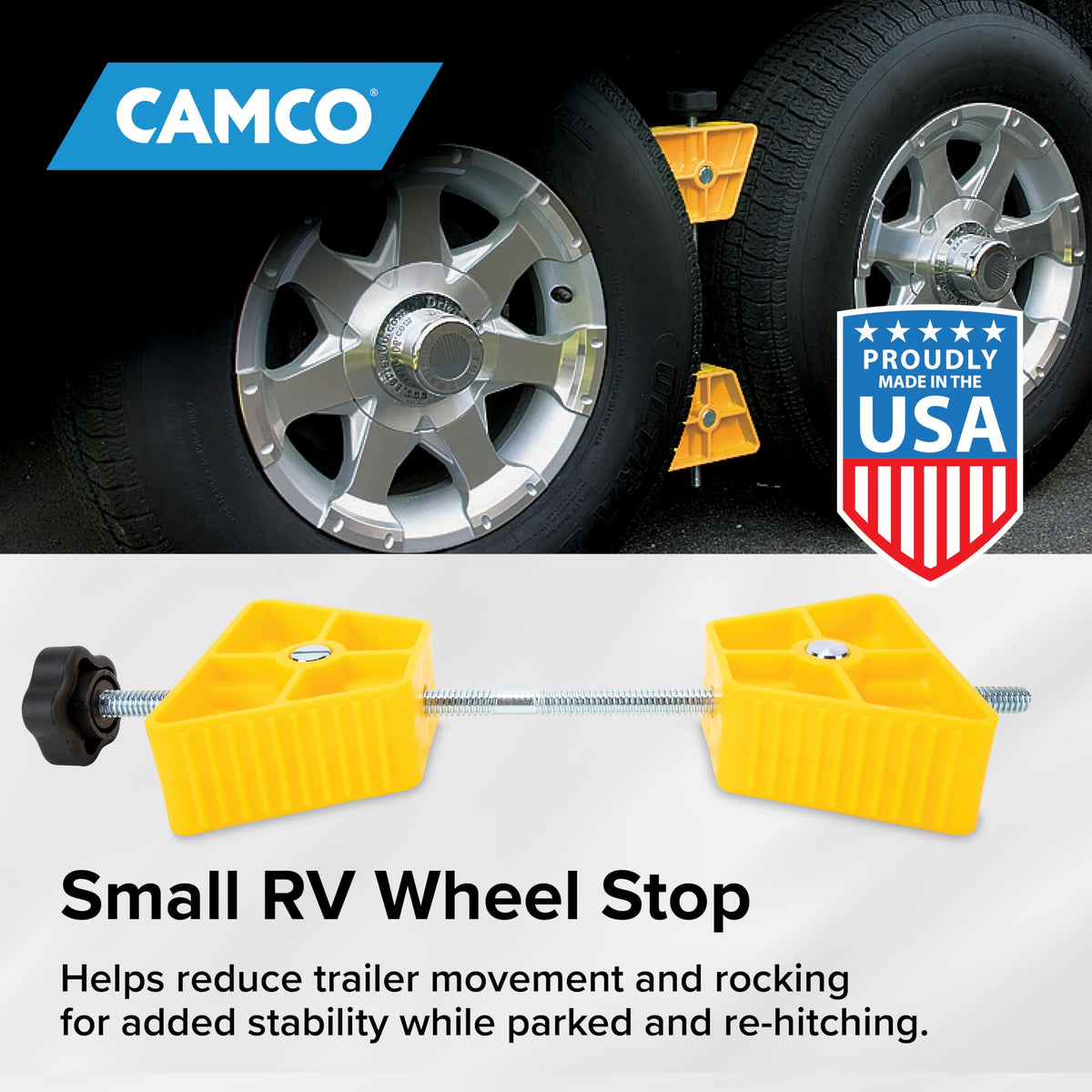 CAMCO 44652 Camco Small RV Wheel Stop - Features a Lightweight Heavy-Duty Design with a Rubber Handle, Prevents Shifting of Trailer Tandem Tires While Parked or Re-Hitching, and Fits 26” to 30” Tires (44652)