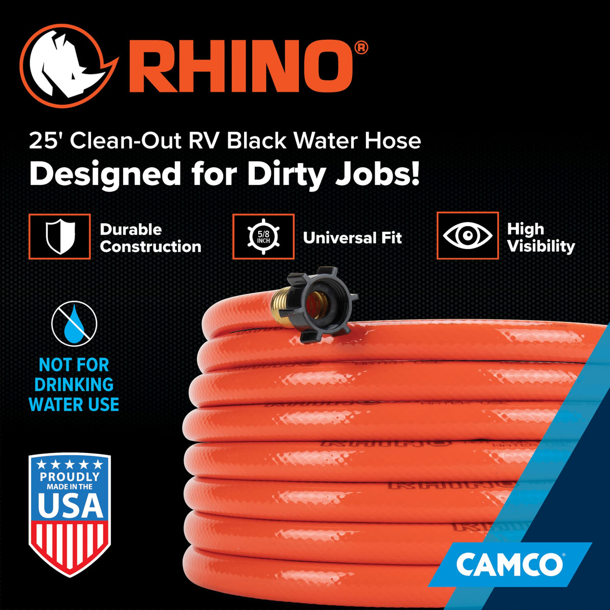 CAMCO 22990 Camco Rhino 25-Ft Clean-Out RV Black Water Hose - Orange - Made in the USA