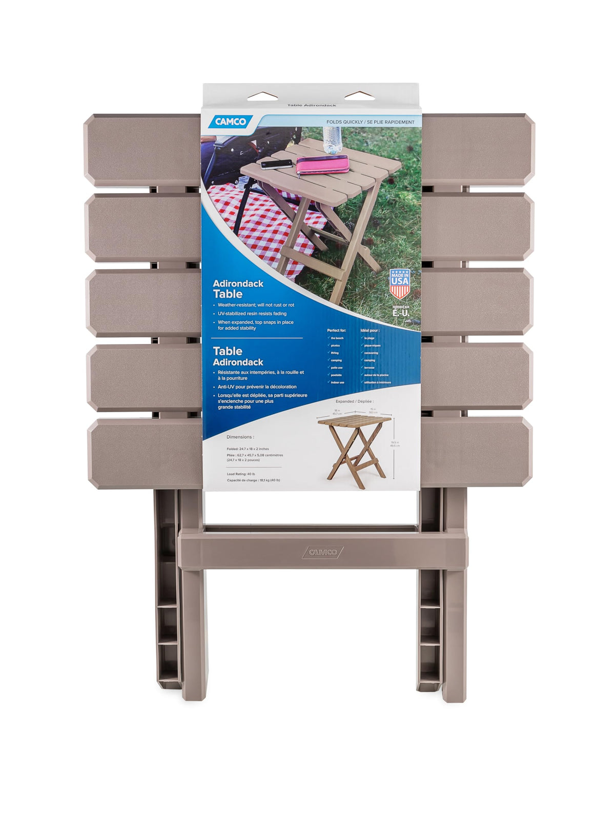CAMCO 51887 Camco Adirondack Style Folding Plastic Large Table with Footrest Design and Easy to Setup Construction for Indoor or Outdoor Use, Taupe