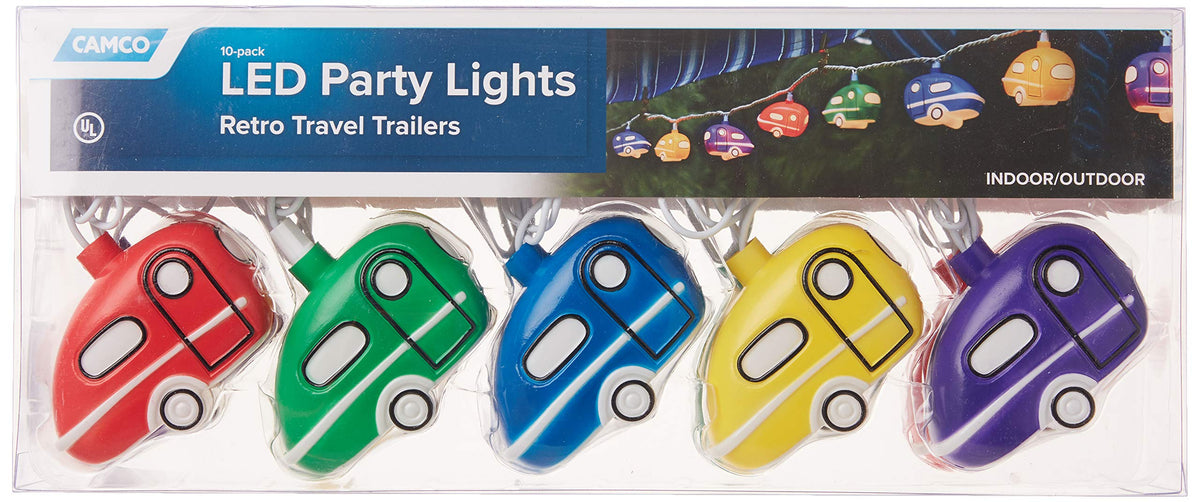 CAMCO 42655 Camco Retro Travel Trailer Party Lights - Features an 8' Strand with (10) Travel Trailer Lights - Camping String Lights - Perfect for RV Awnings and Campsite Décor (42655)
