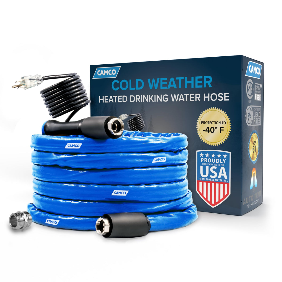 CAMCO 22924 Camco 50-Ft Heated Water Hose for RV | Water Line Freeze Protection Down to -40°F/C | Features Energy-Saving Thermostat & Includes Adapter for Connection to Either End of Hose (22924)