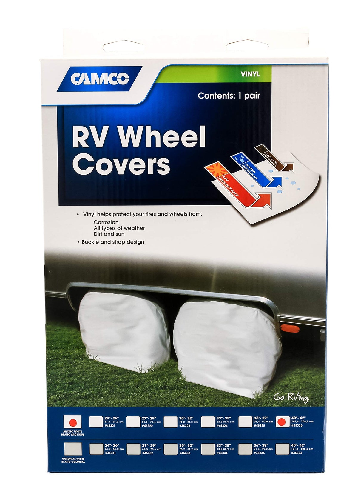 CAMCO 45326 Camco 45326 Vinyl Wheel & Tire Protector, 2 Pack (40 inches-42 inches, White)