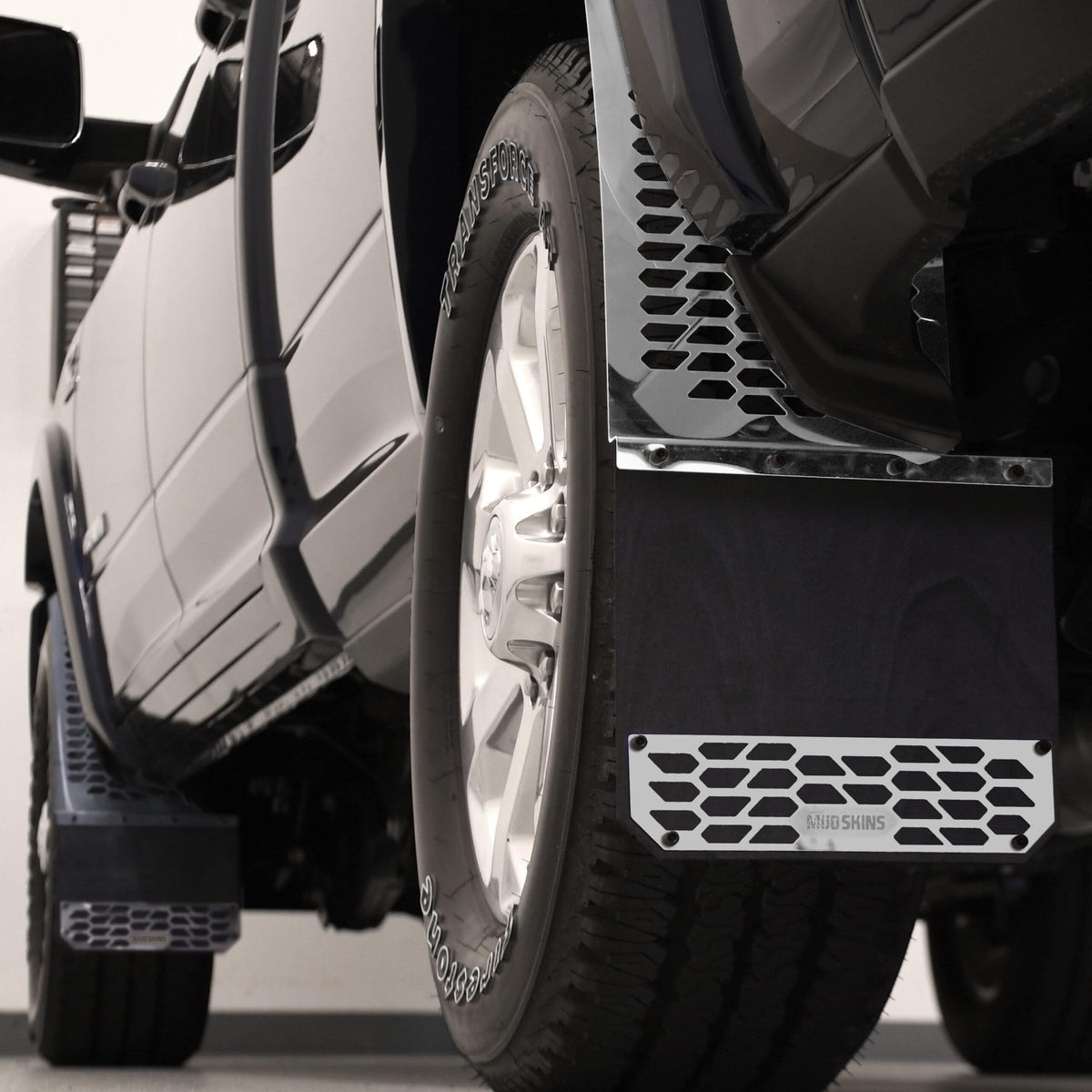 PUTCO 78000 Putco Polished Stainless Steel HEX Steel Mud Skins - Front Pair - Fits Chevy Silverado 1500 / GMC Sierra 1500 / Dodge Ram Truck 1500 2014-2025