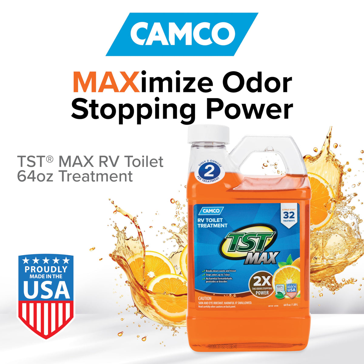 CAMCO 41195 Camco TST MAX Camper/RV Toilet Treatment - Features Septic Safe Formula & Stops Odors Up to 7 Days – Orange Scent, 64 oz (41195)