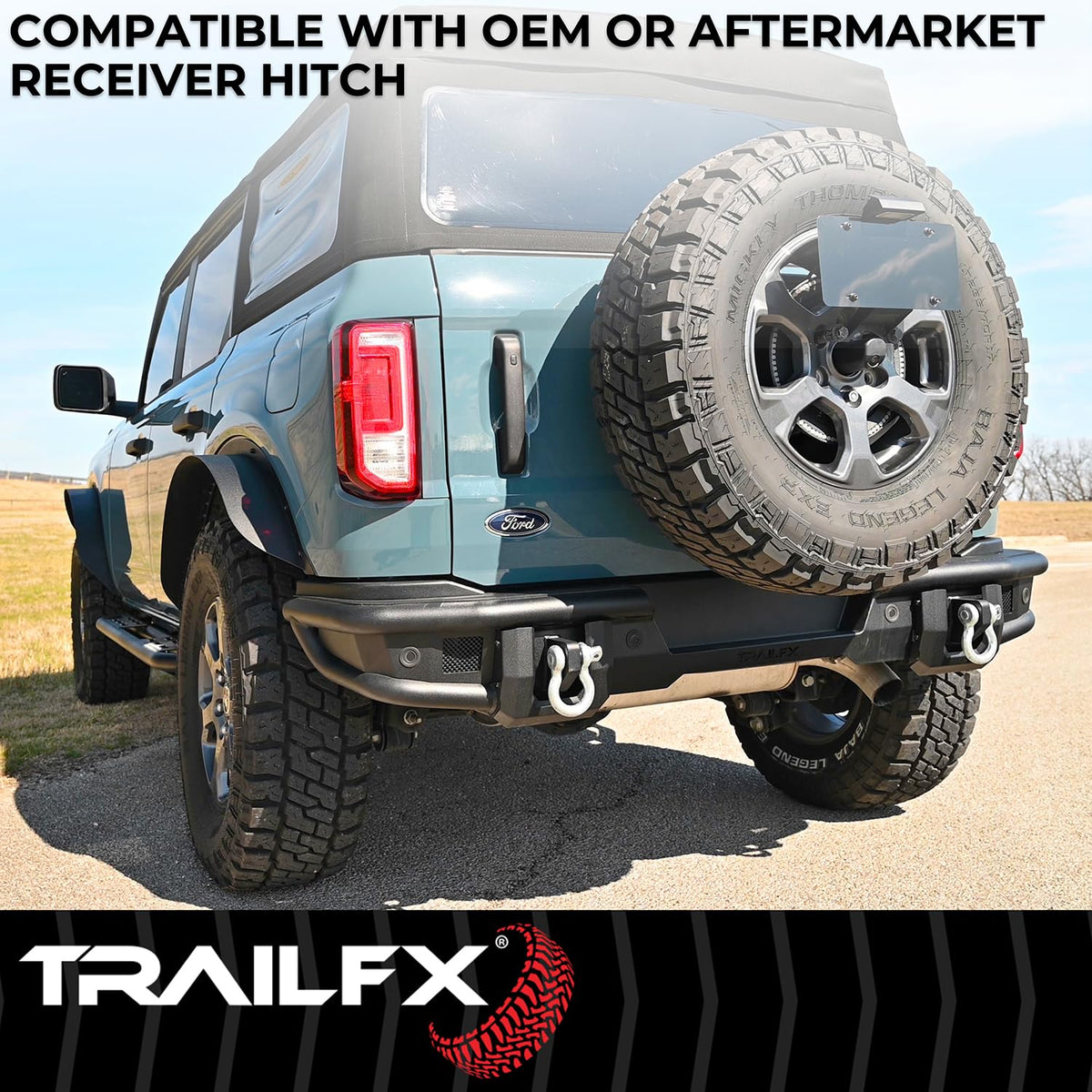 TRAILFX BR004T TrailFX Rear Bumper for Ford Bronco 2021-2025 Matte Black Powder Coated Steel Full Width D-Rings License Plate Bracket LED Cube Light Mounts TrailFX BR004T