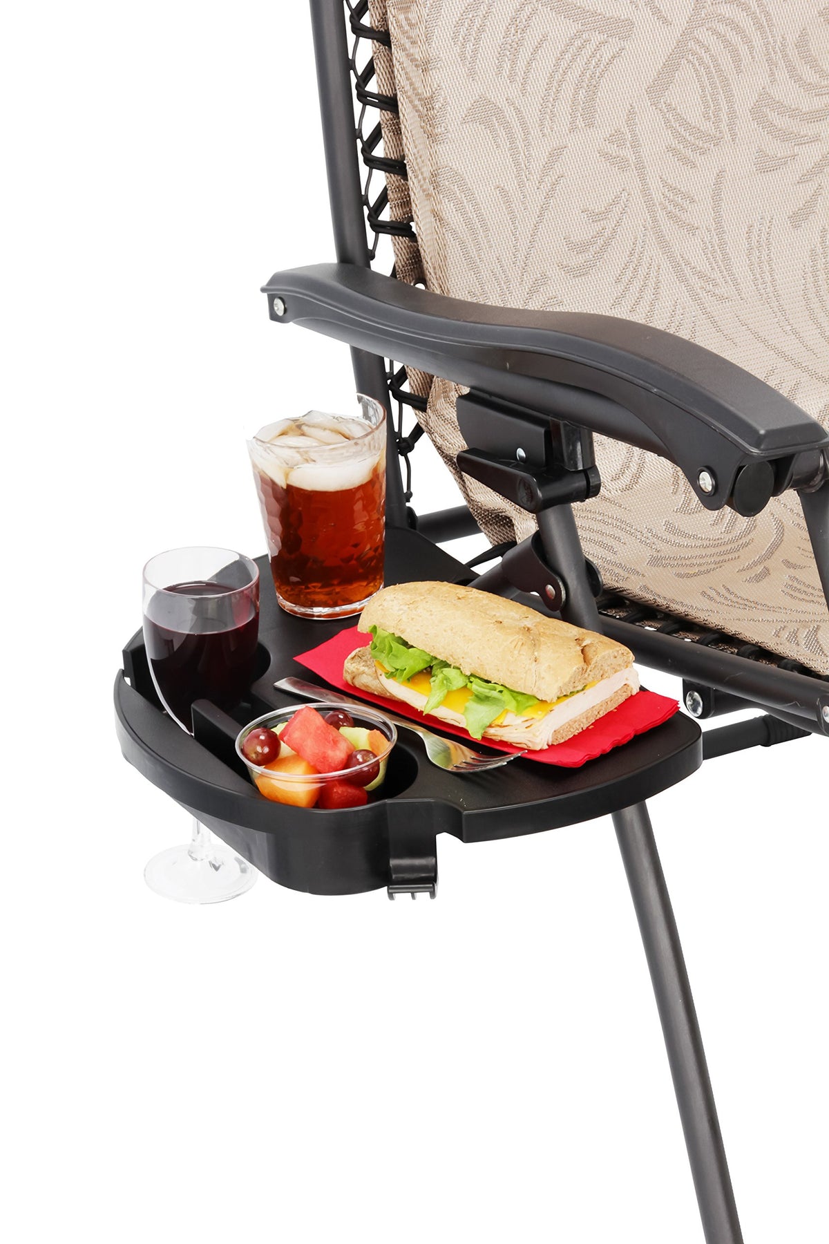 CAMCO 51834 Camco Zero Gravity Chair Tray – Clip‑On Side Table w/Cup Holders, Stemmed Glass Slot, Non‑Slip Textured Surface, Drainage Holes & Bag Hook – Fits up to 7/8” Frames – Durable Polymer, Black (51834)