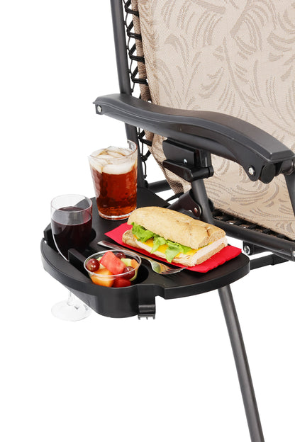 CAMCO 51834 Camco Zero Gravity Chair Tray – Clip‑On Side Table w/Cup Holders, Stemmed Glass Slot, Non‑Slip Textured Surface, Drainage Holes & Bag Hook – Fits up to 7/8” Frames – Durable Polymer, Black (51834)