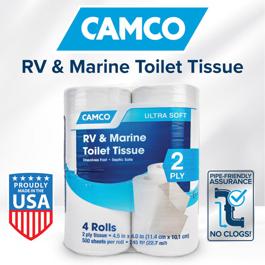 CAMCO 40274 Camco Marine & RV Toilet Paper — 2-Ply — Septic Safe — Dissolves Fast — Dye & Fragrance Free — 4-Rolls (500 Sheets Per Roll) (40274)