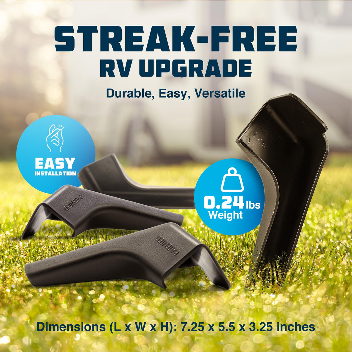 CAMCO 42452 Camco RV Gutter Spouts with Built-in Extensions | Direct Rain Water Runoff Away from The RV | Features an Easy Installation, a Sun Resilient Resin Construction, and Comes in a 4-Pack of Black (42452)