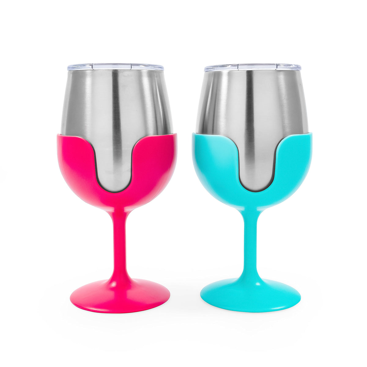 CAMCO 51915 Camco Life is Better at The Campsite 8 oz Wine Tumbler 2 Pack - Heavy Duty Double Wall Vacuum Insulation - Crafted of 18/8 Stainless Steel - Features Removable Blue & Pink Stems (51915)