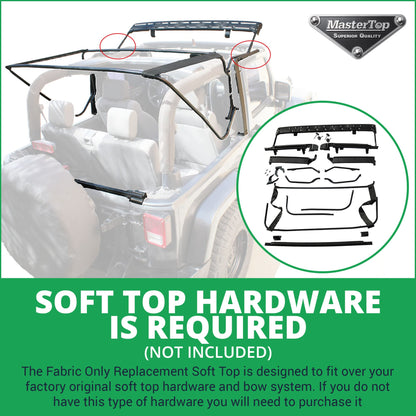 MASTERTOP 15101835 MasterTop Premium Replacement Fabric Only Soft Top - Fits Jeep Wrangler JK 2-Door 2013-2018 - Zip Up Removable Windows - DOT Approved 31% Window Tint - Upgraded Cable Style Design, Black Diamond
