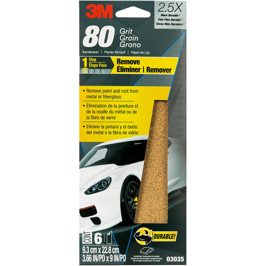 3M 03035 3M Sandpaper, 03035, 80 Grit, 3 2/3 in x 9 in, 6 Sheets