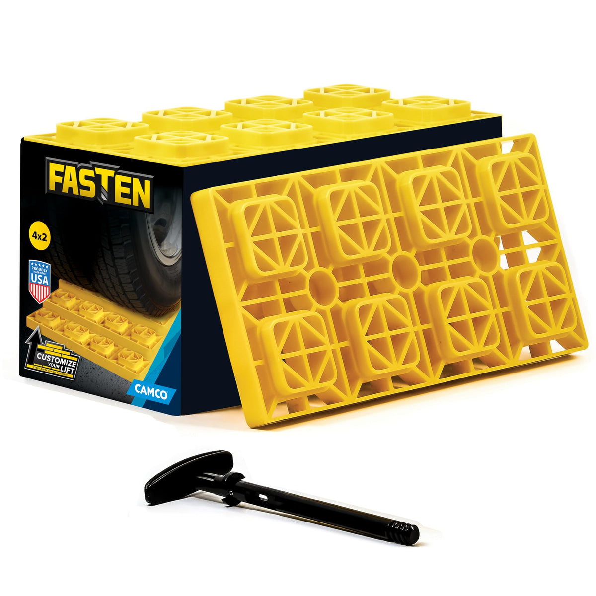 CAMCO 44515 Camco Fasten RV Leveling Blocks - Features Interlocking Design for Customizable Height - Carrying Handle Twists to Secure Blocks for RV Storage - 17” x 8.5” x 1”, Yellow, 10-Pack (21023)