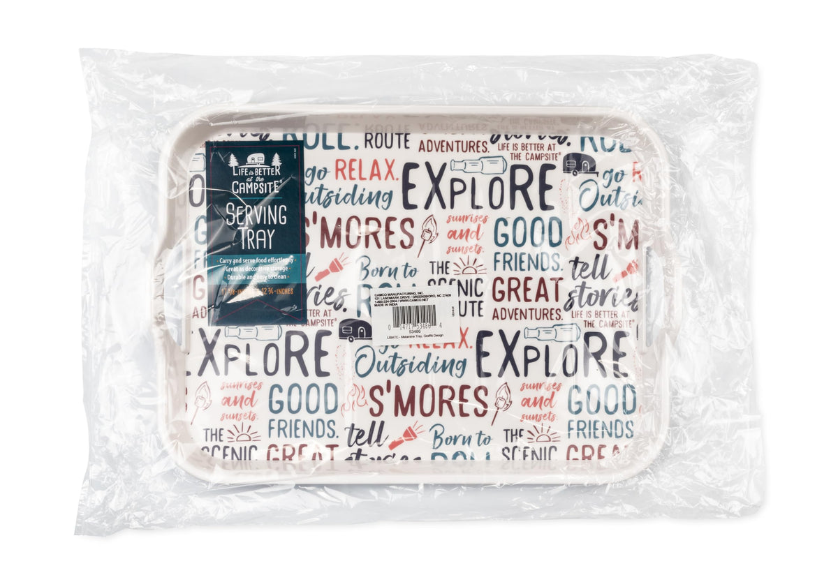 CAMCO 53486 Camco Life is Better at the Campsite Melamine RV Serving Tray - Features Camping/RV Themed Design - Great for Kitchen Prep, Picnics, Grilling, and More - Serving Platter is Dishwasher Safe (53486)