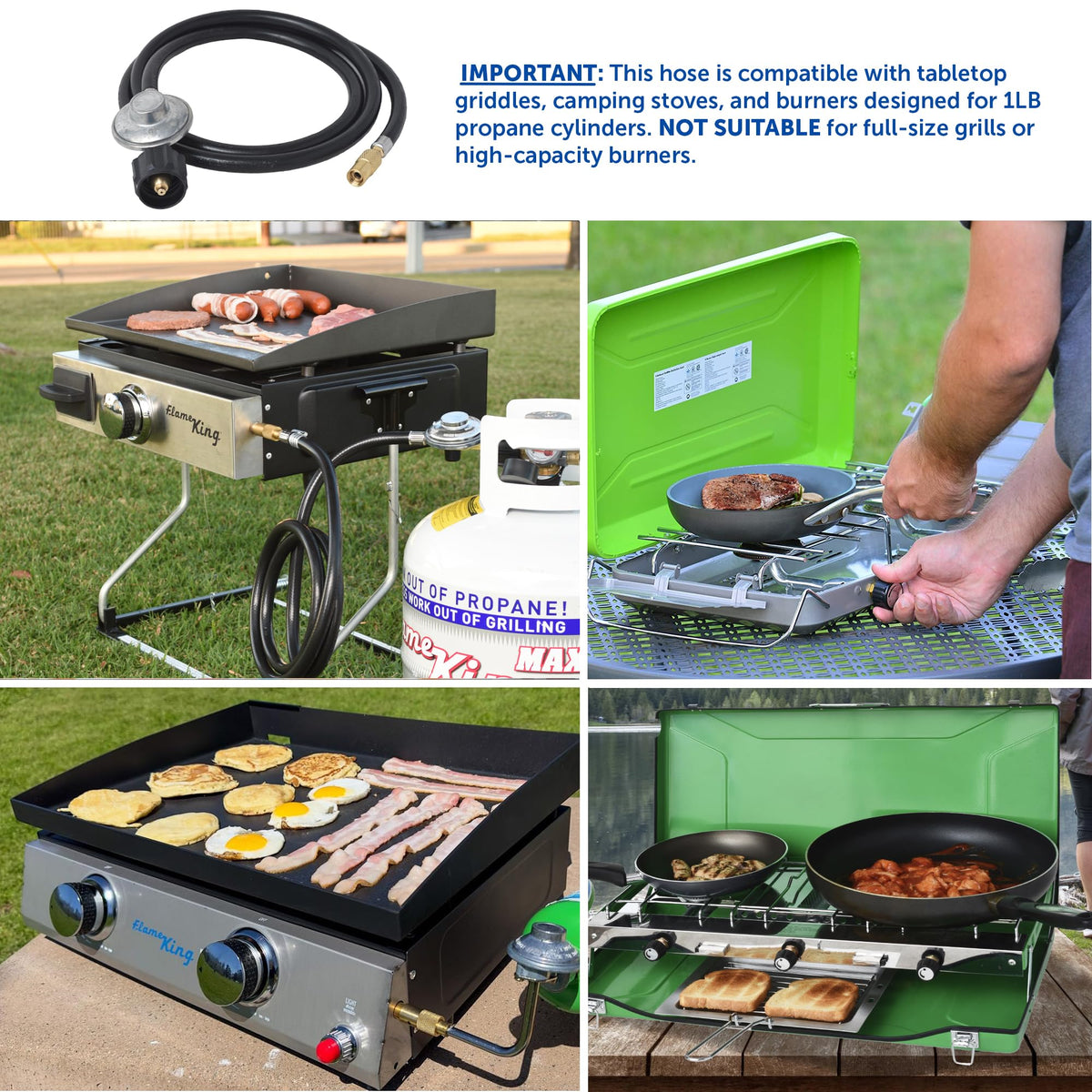 FLAME KING FK-GRD-REGHS6FT Flame King 6-FT Propane Adapter Hose & Regulator for 20LB Tank for 17"/22" Blackstone Tabletop Grill Griddle, Weather Resistant & Corrosion Resistant