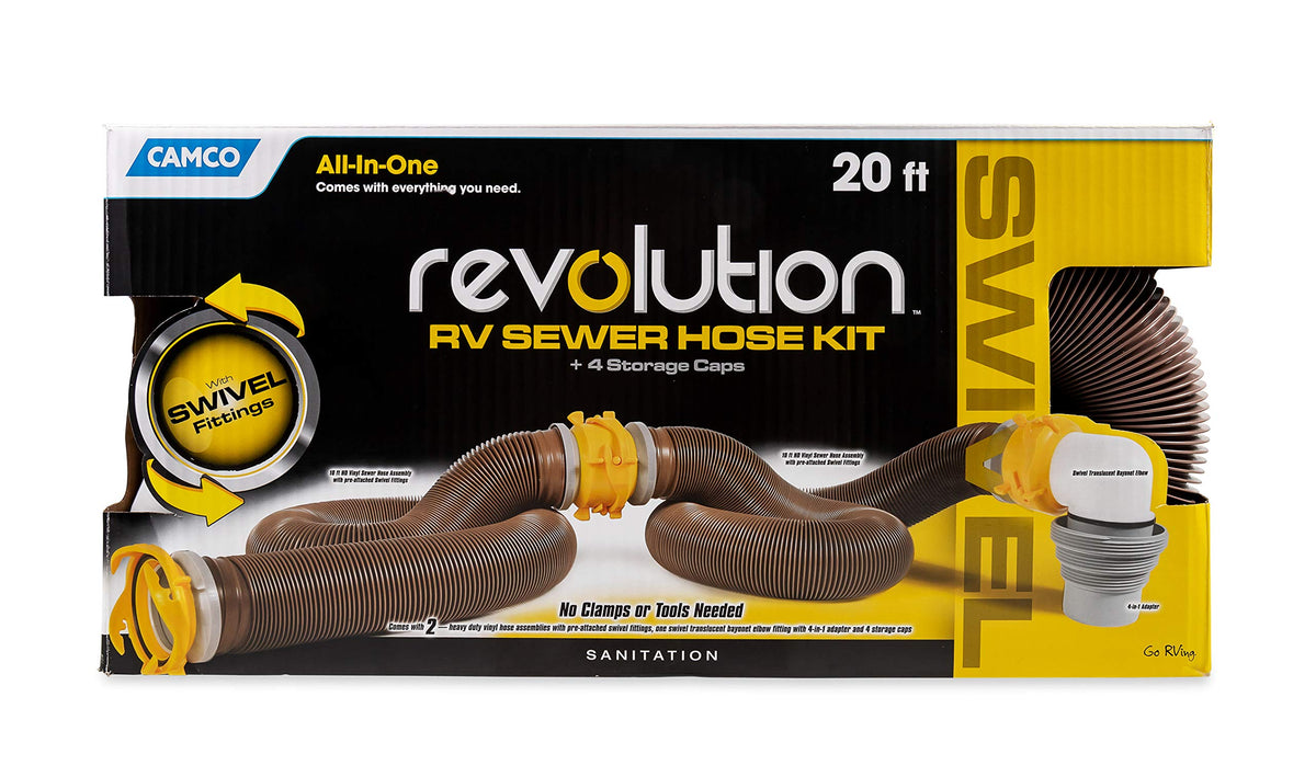 CAMCO 39625 Camco 39625 Revolution 20' Sewer Hose Kit with 360 Degree Swivel Fittings and 4-in1 Elbow Adapter, Ready to Use Kit with Hose and Adapter
