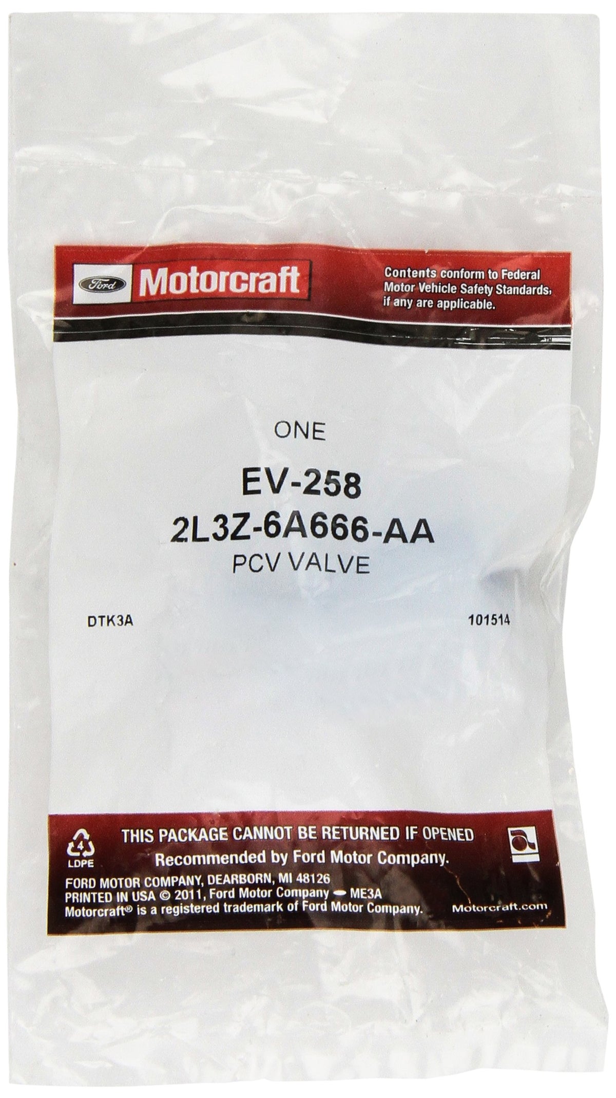 Motorcraft EV258 Positive Crankcase Ventilation Valve, 1 Count