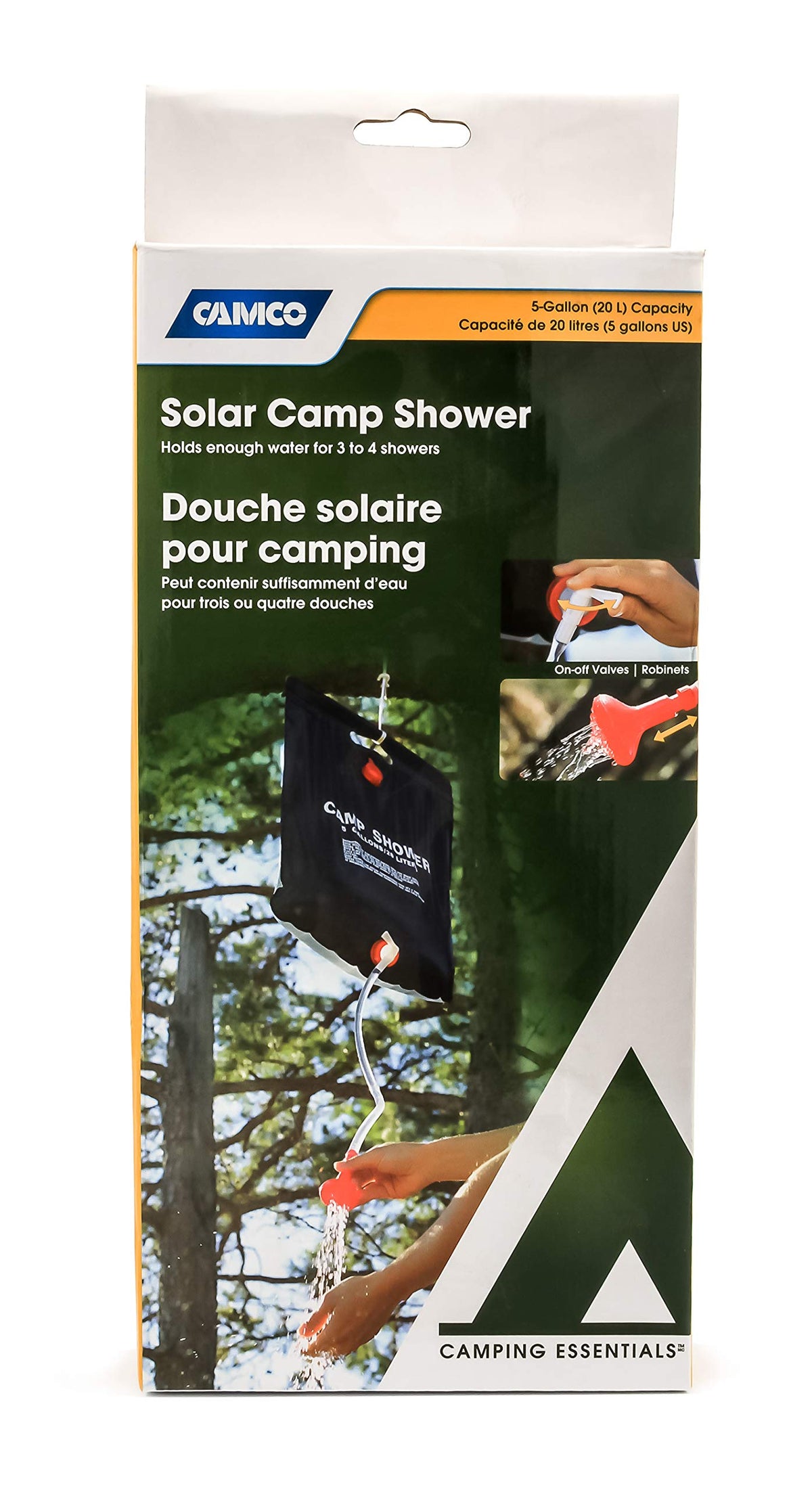 CAMCO 51368 Camco Outdoor Natural Solar Shower with On-Off Valve for Campsites - Holds 5 Gallons of Water, Sufficient for 3-4 Showers, Excellent for Camping, Hiking, RVing, and Traveling (51368), White