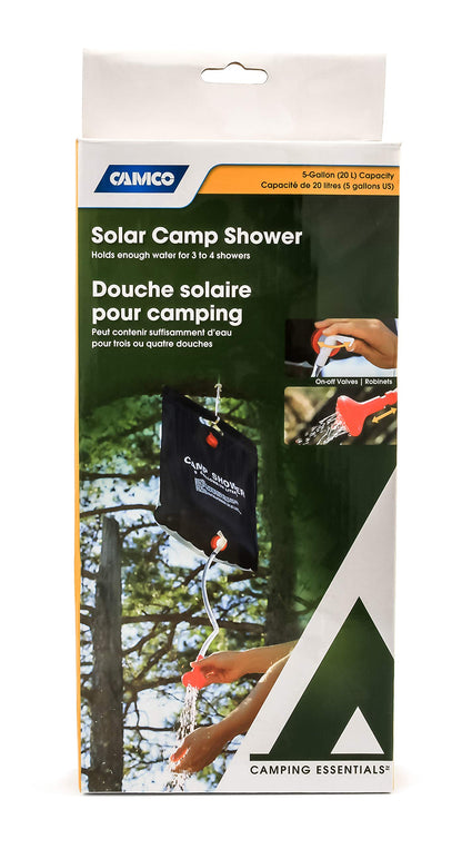 CAMCO 51368 Camco Outdoor Natural Solar Shower with On-Off Valve for Campsites - Holds 5 Gallons of Water, Sufficient for 3-4 Showers, Excellent for Camping, Hiking, RVing, and Traveling (51368), White