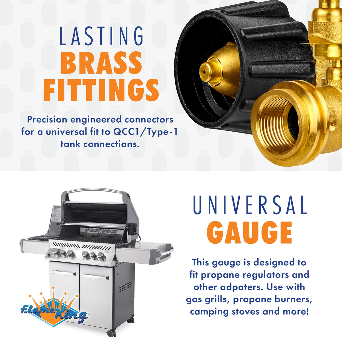 FLAME KING PTC-01 Flame King Propane Tank Gauge Level Indicator Leak Detector Gas Pressure Meter Color Coded & Glow in the Dark Universal for Cylinder, BBQ Gas Grill, RV Camper, Heater and More Appliances, Brass