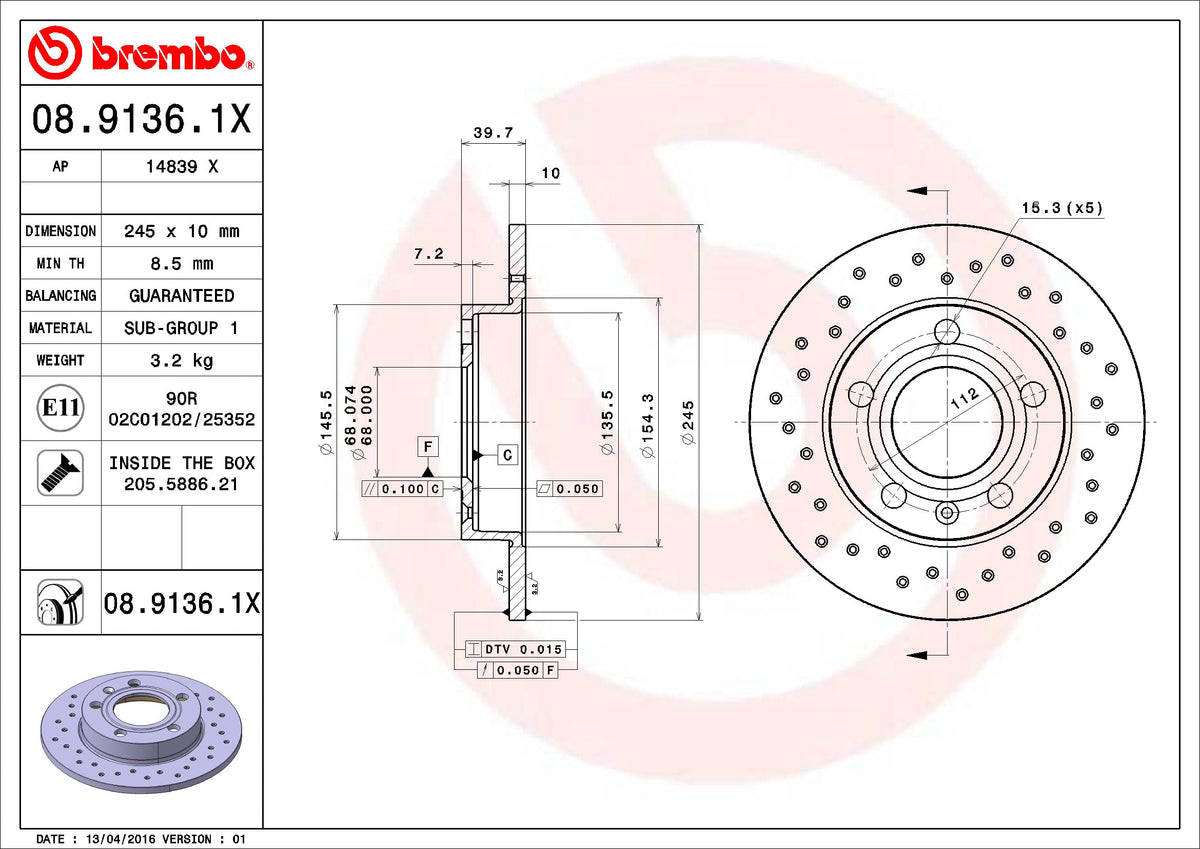 BREMBO 0891361XC02 Brembo 08.9136.1X Xtra UV Coated solid drilled Rear Brake Rotor AUDI/AUDI (FAW)/SEAT OE# 8E0615601P