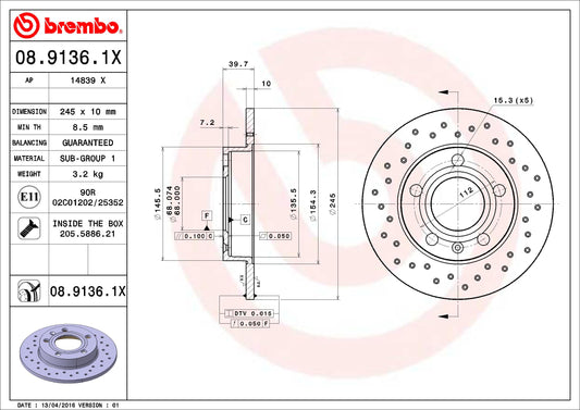 BREMBO 0891361XC02 Brembo 08.9136.1X Xtra UV Coated solid drilled Rear Brake Rotor AUDI/AUDI (FAW)/SEAT OE# 8E0615601P