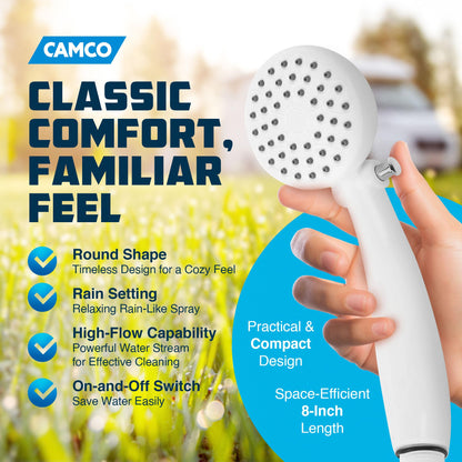 CAMCO 44023 Camco RV Outdoor Shower Head | High Flow Shower Head | Conserve Water with Convenient On/Off Switch | White (44023)