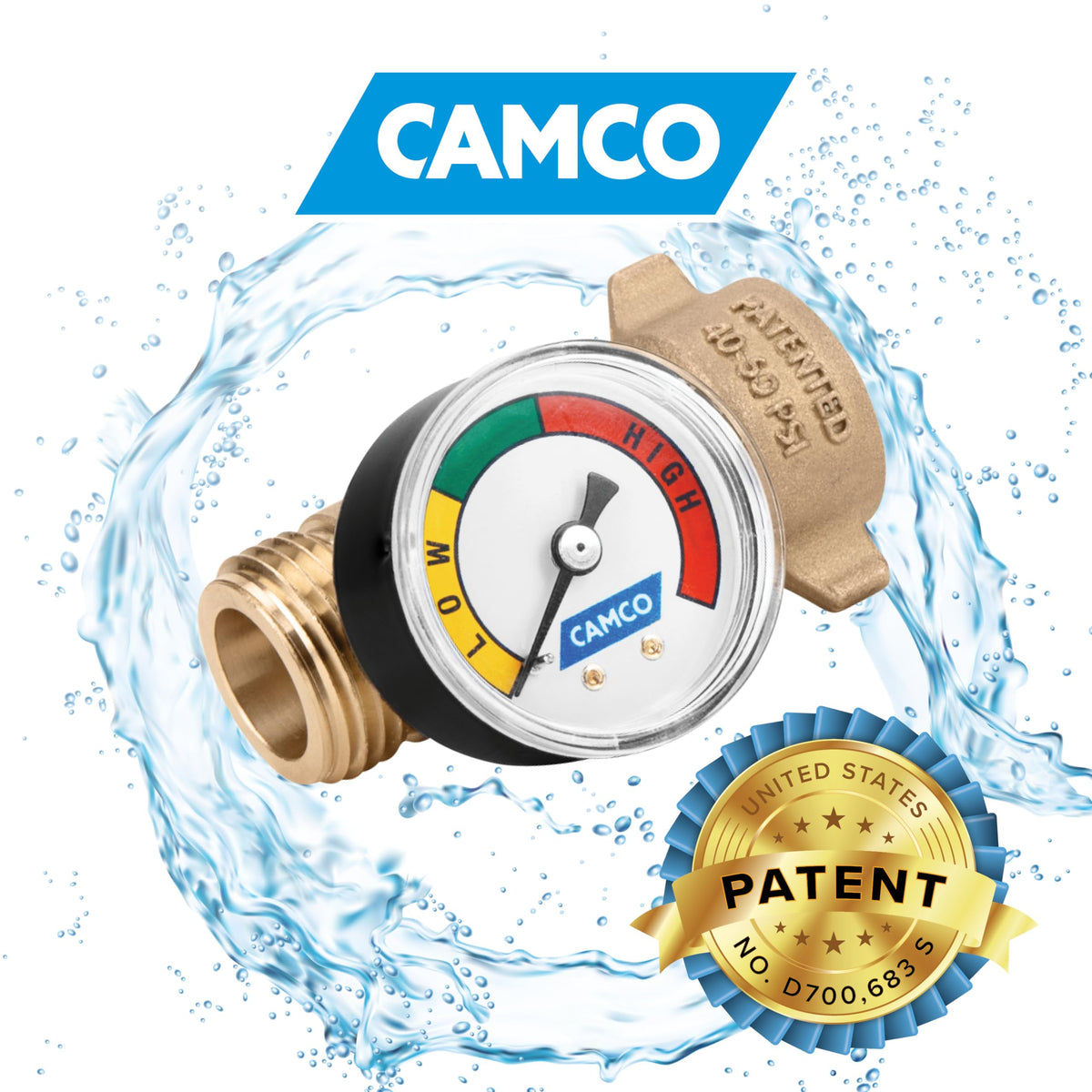 CAMCO 40064 Camco Brass Water Pressure Regulator with Gauge- Helps Protect RV Plumbing and Hoses from High-Pressure City Water - Easy Read Gauge (40064)