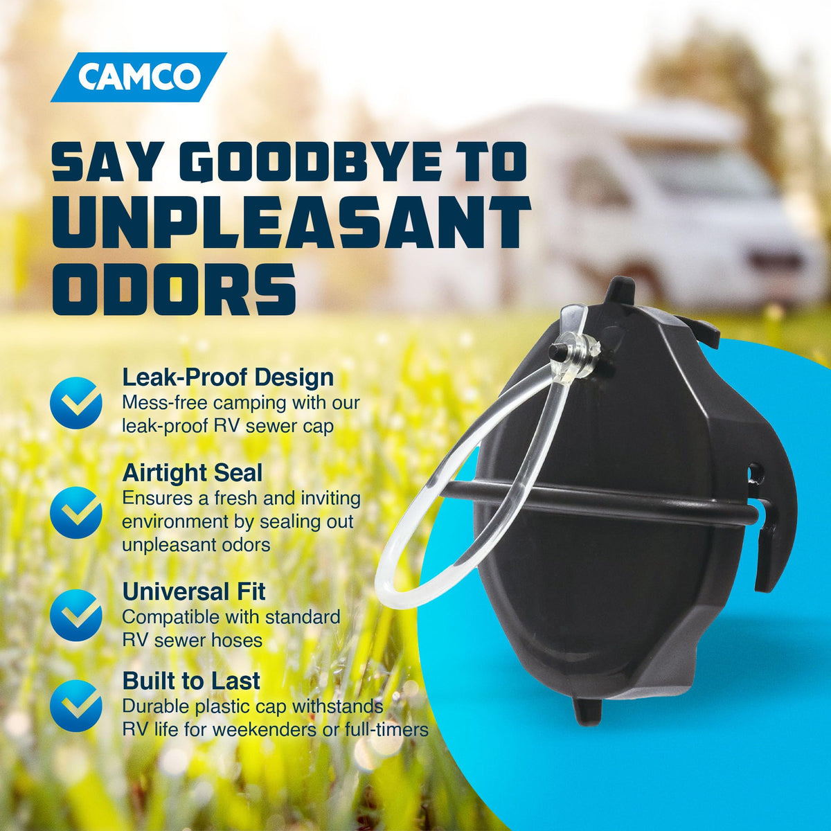 CAMCO 39452 Camco 39452 Heavy Duty Plastic Twist On RV Sewer Hose Replacement Storage Cap with Bayonets for Outdoor Recreational Vehicles, Black