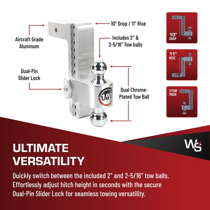 WEIGH SAFE CTB10-2.5 Weigh Safe Trailer Hitch Ball Mount, 10" Drop, 2.5" Receiver, Chrome Balls