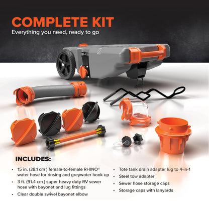 CAMCO 39004 Camco Rhino 28-Gallon Camper/RV Tote Tank - Features Large Heavy-Duty No-Flat Wheels & Built-in Gate Valve - Removable Steel Tow Adapter, 3’ Sewer Hose & More RV Accessories (39004)
