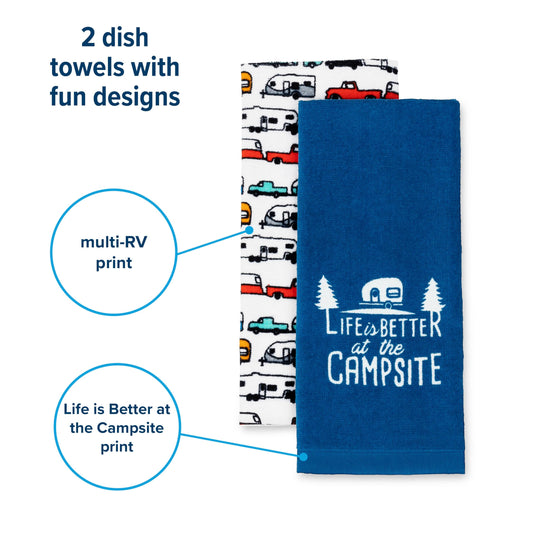 CAMCO 53301 Camco Life is Better at The Campsite Camper/RV Dish Towel Set - Features a Camping/RV Themed Towel & a Navy Blue with White Logo Towel - Designed with 100% Cotton - 2-Pack (53301)