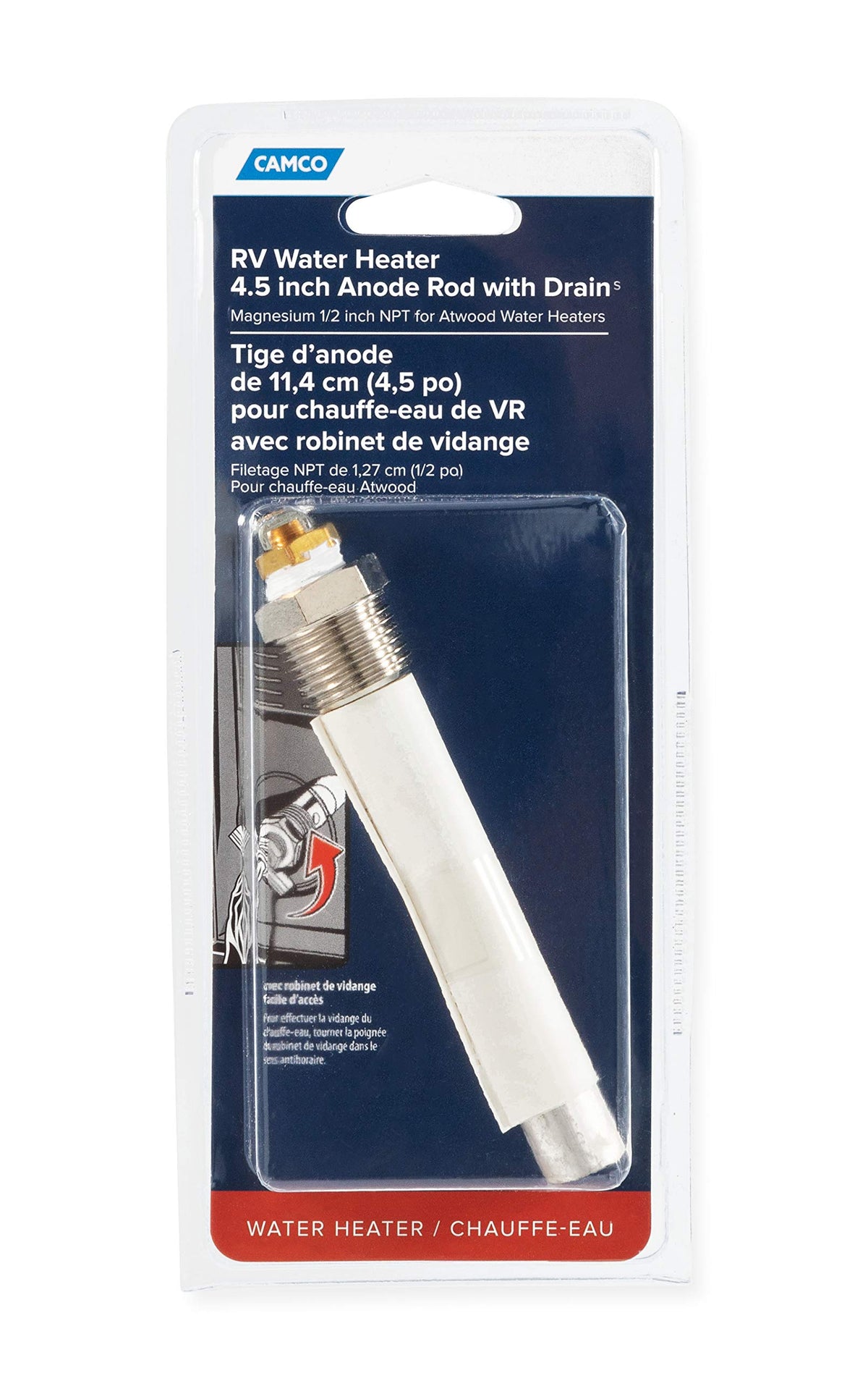 CAMCO 11533 Camco RV Water Heater Anode Rod - Compatible with Atwood-Style Aluminum RV Water Heaters - Features Internal Drain Valve - Extend the Life Of Your Camper Water Heater Tank (11533)