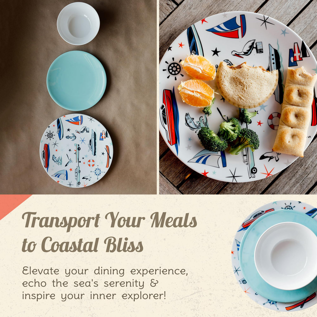 CAMP CASUAL CC-009 Melamine Dinnerware Sets - 6-pc Marine Dish Set - 2 Bowls, 2 Salad & 2 Dinner Melamine Plates for Indoor & Outdoor - BPA Free, Dishwasher Safe, Shatter-Res Dinnerware Set - Camping Dishes, Camp Casual