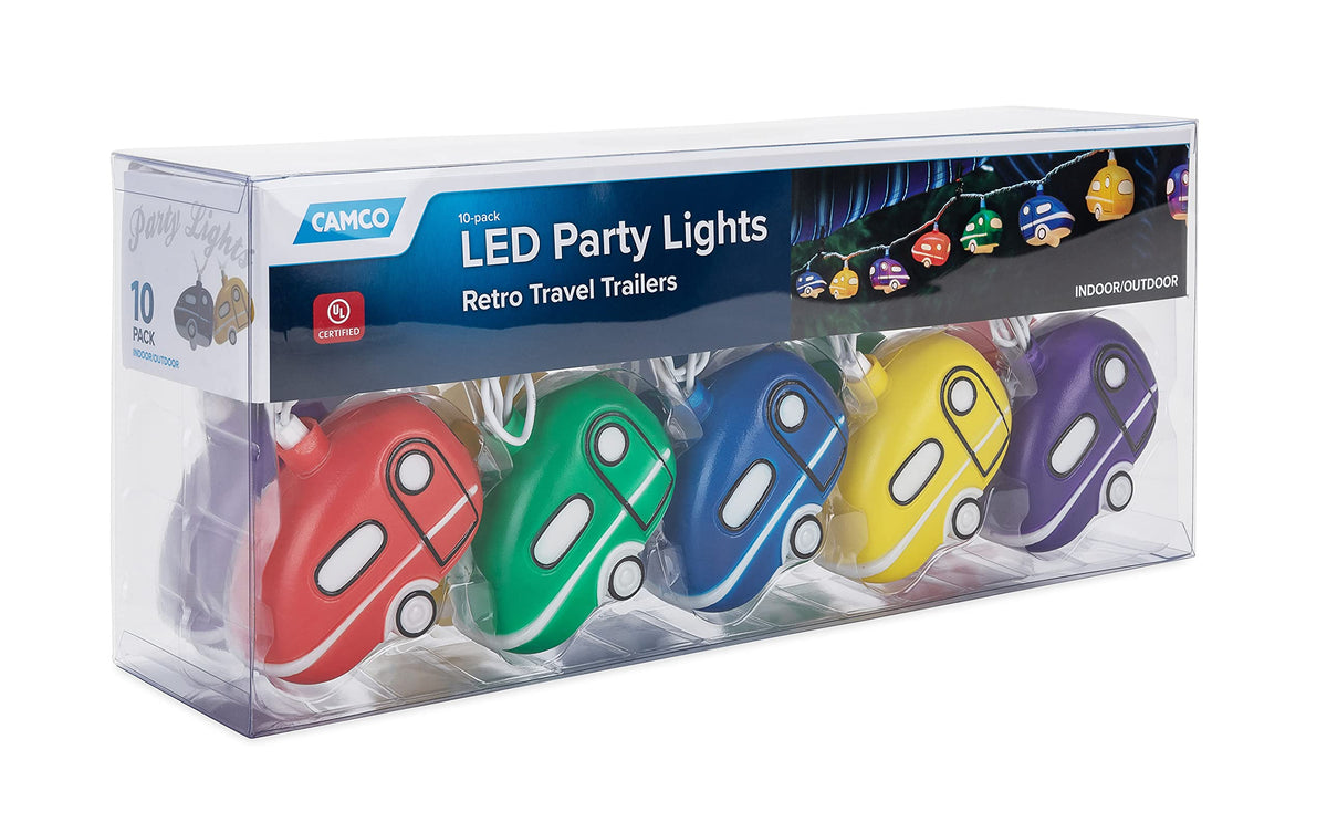 CAMCO 42655 Camco Retro Travel Trailer Party Lights - Features an 8' Strand with (10) Travel Trailer Lights - Camping String Lights - Perfect for RV Awnings and Campsite Décor (42655)