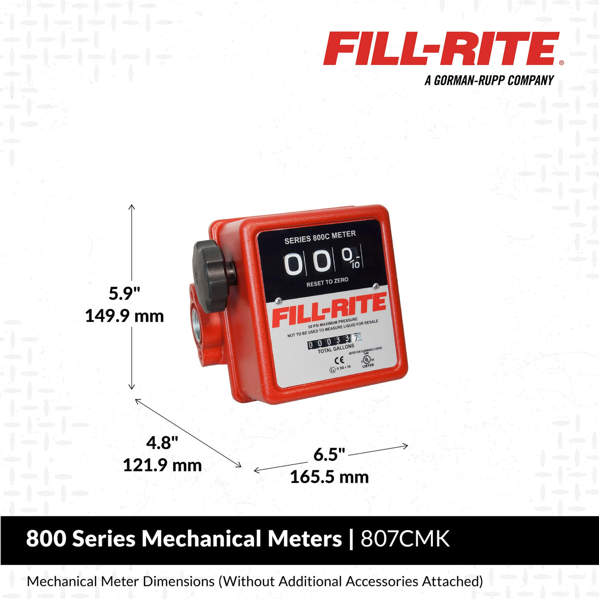 FILL RITE 807CMK Fill-Rite 807CMK 3 Wheel Mechanical 3/4" 5 to 20 GPM Fuel Transfer Meter w/Mounting Kit For 1200, 2400, 600, & 700 Series Pumps