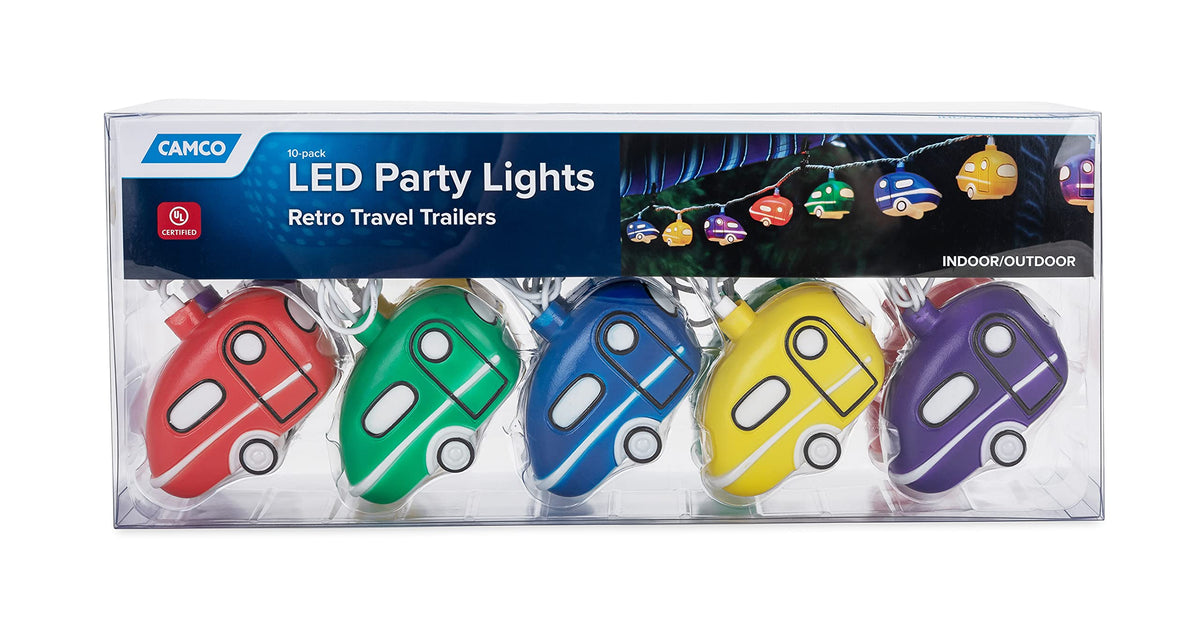 CAMCO 42655 Camco Retro Travel Trailer Party Lights - Features an 8' Strand with (10) Travel Trailer Lights - Camping String Lights - Perfect for RV Awnings and Campsite Décor (42655)