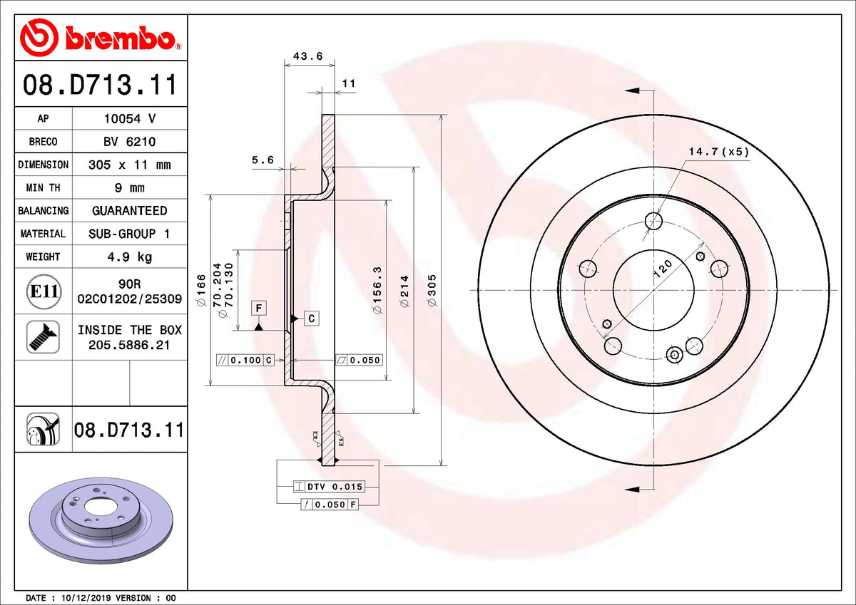 BREMBO 08D71311C02 Brembo 08.D713.11 UV Coated solid Brake Rotor HONDA OE# 42510TGHA00