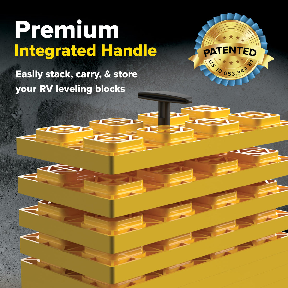 CAMCO 44515 Camco Fasten RV Leveling Blocks - Features Interlocking Design for Customizable Height - Carrying Handle Twists to Secure Blocks for RV Storage - 17” x 8.5” x 1”, Yellow, 10-Pack (21023)