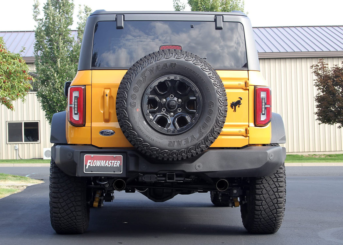 FLOWMASTER 818120 Flowmaster 818120 Outlaw Axle-Back Exhaust Kit 3 Inch 409 Stainless Steel Dual Exit 4 Inch Black Chrome Tips Compatible with 2021-2024 Ford Bronco 2.3L 2.7L 2 & 4-wheel drive 2 & 4 Door
