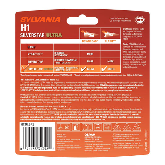 SYLVANIA H1SU.BP2 SYLVANIA H1 SilverStar Ultra Halogen Headlight Bulb, 2 Bulbs