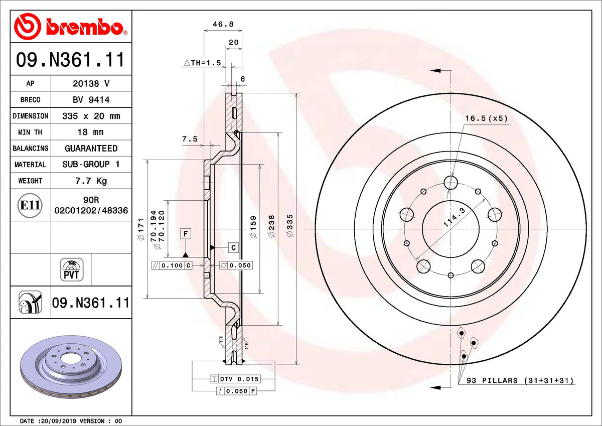 BREMBO 09N36111C02 Brembo 09.N361.11 UV Coated Pillar Vented Brake Rotor TESLA OE# 104463100D
