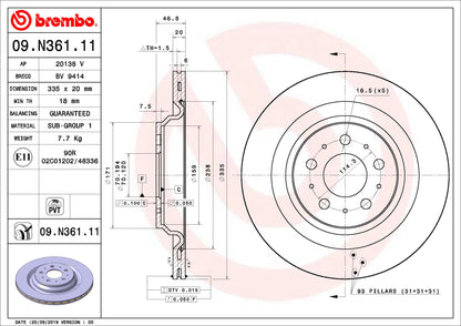 BREMBO 09N36111C02 Brembo 09.N361.11 UV Coated Pillar Vented Brake Rotor TESLA OE# 104463100D
