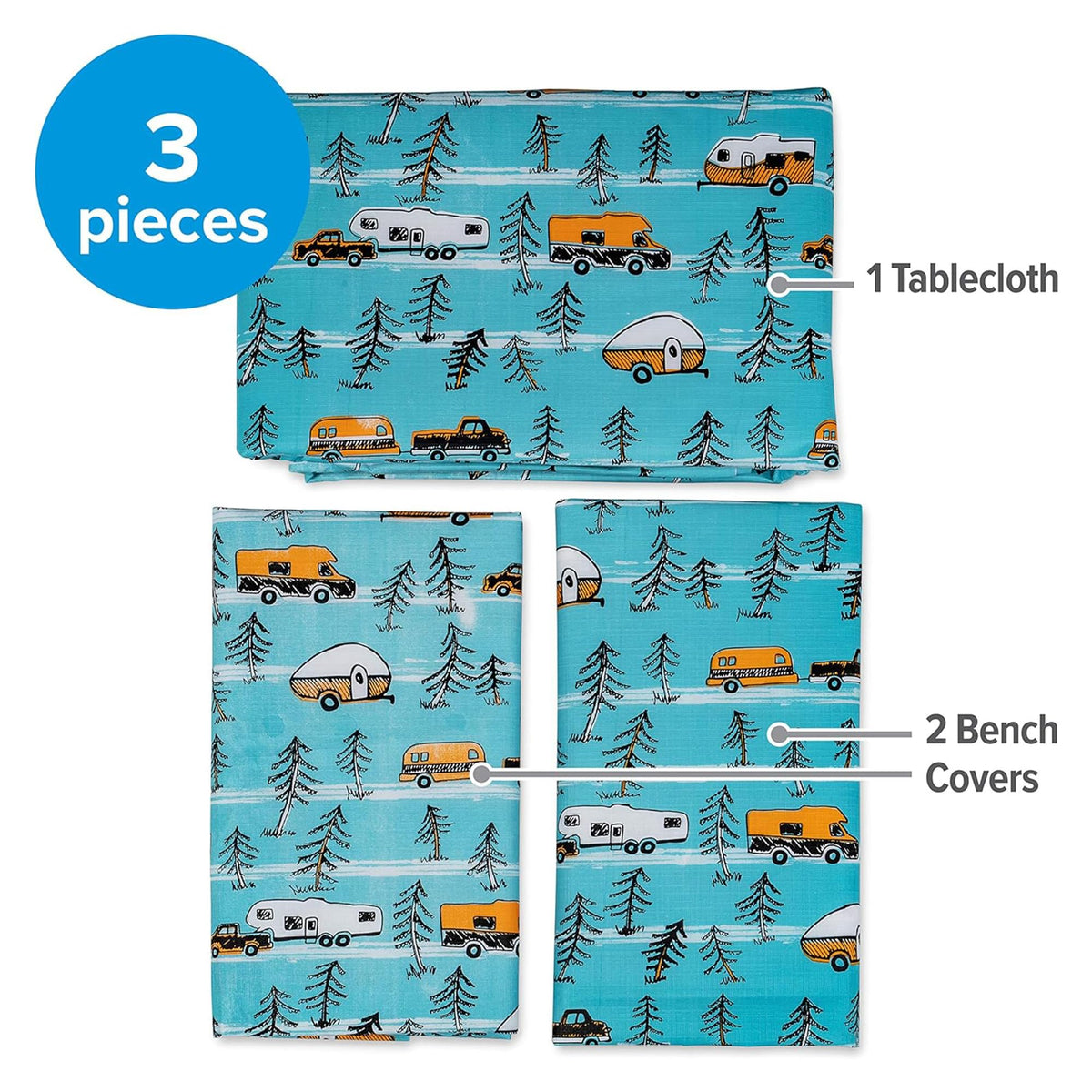 CAMCO 53380 Camco Life is Better at The Campsite Picnic Table Cover with Bench Covers - Provides a Clean Eating Surface for Outdoor Activities - Features an RV and Tree Sketch Design (53380)